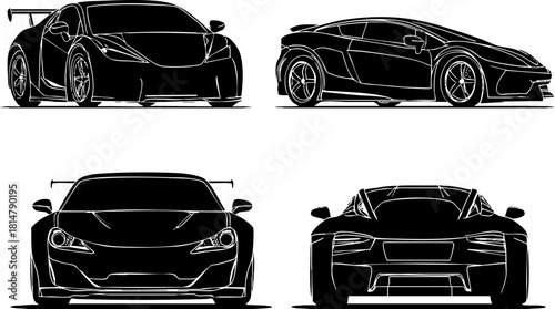 Stylish silhouette vector illustration of a set of four modern sports cars for automotive design projects