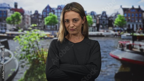 Woman with arms crossed beside canal boats on an amsterdam street, pursing lips and raising an eyebrow; skepticism.