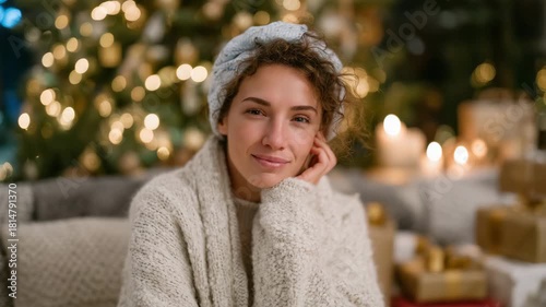 Young woman with ice pack on forehead, sitting in front of festively decorated tree, wrapped presents scattered around, soft warm lighting emphasizing stress relief