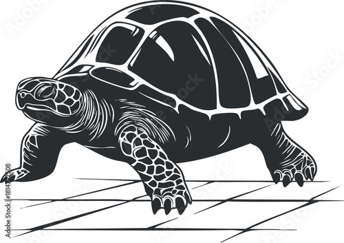 Stylized black and white vector illustration of a tortoise walking, ideal for nature-themed design projects and artwork.