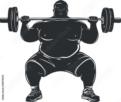 Bold black and white vector illustration of a muscular man performing a squat with a barbell for fitness and gym-related designs
