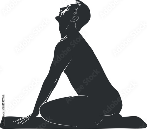 Silhouette vector illustration of a man practicing yoga in a camel pose on a mat, ideal for wellness and fitness themes