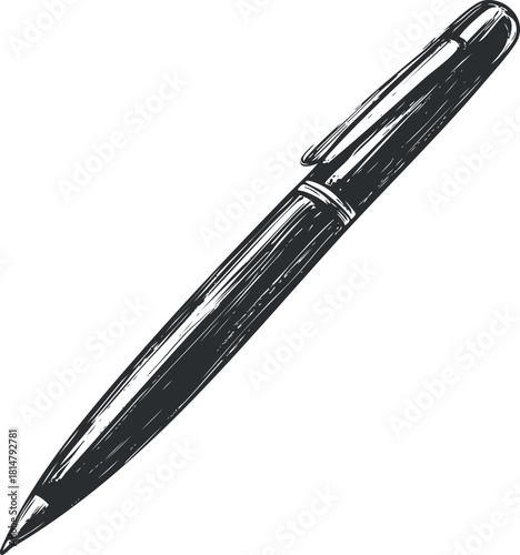 Hand-drawn vector illustration of a classic ballpoint pen, ideal for stationery and office design projects