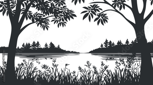 Silhouette vector illustration of a tranquil lake scene with trees and foliage in a minimalist style