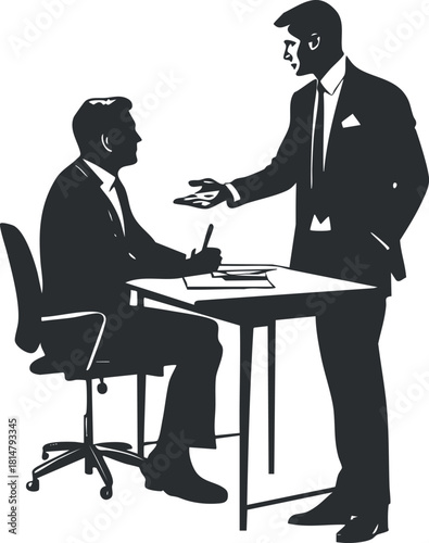 Silhouette vector illustration of two businessmen engaged in a discussion at a table, ideal for corporate and professional design projects