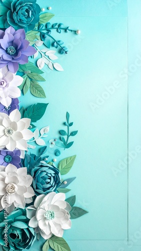 Elegant 3D Paper Flower Border Background with Teal, Purple, and White Craft Art on Aqua Copy Space.