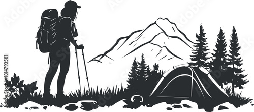 Silhouette vector illustration of a hiker with trekking poles standing near a tent and mountains in the background