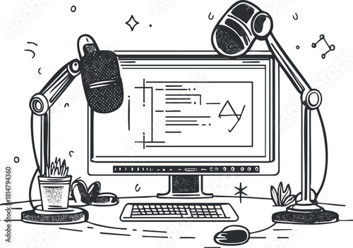Minimalist line art vector illustration of a modern digital workspace featuring a computer monitor and microphones