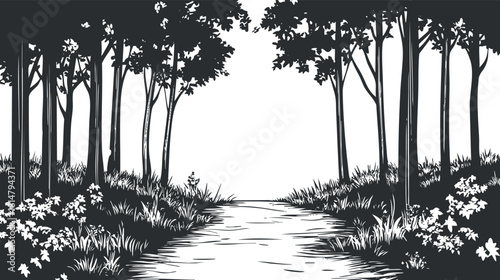 Detailed black and white vector illustration of a serene forest landscape featuring a winding path surrounded by trees and flowers