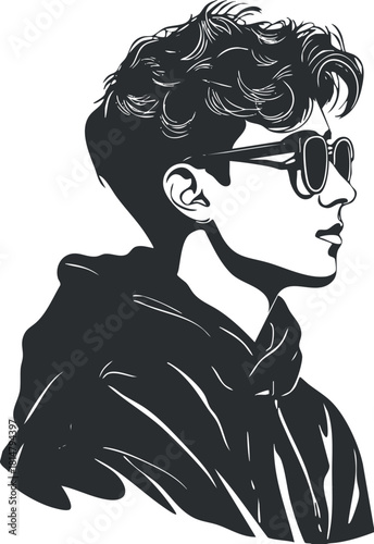 Stylish monochrome vector illustration of a young man in sunglasses and hoodie for fashion and lifestyle projects