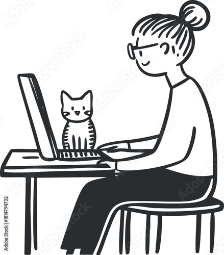 Hand-drawn vector illustration of a woman working on a laptop at a desk with a cat, perfect for lifestyle and home office themes