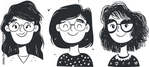 Playful vector illustration of three smiling women characters with different hairstyles and glasses, perfect for social and lifestyle designs