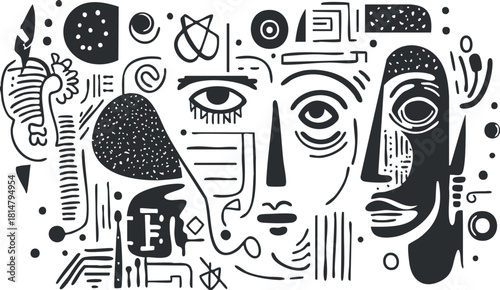 Abstract modern black and white vector illustration featuring stylized faces and geometric shapes for artistic design projects