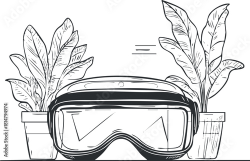 Outline vector illustration of virtual reality goggles with decorative plants, ideal for tech and design projects.