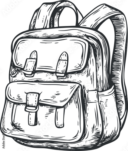 Hand-drawn vector illustration of a stylish backpack, perfect for outdoor adventures, travel, and school use.