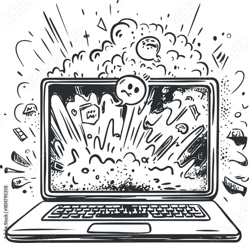 Creative vector illustration of a laptop exploding with digital symbols, showcasing communication and technology concepts.