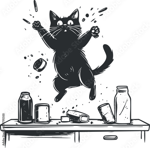 Playful black and white vector illustration of a jumping cat causing chaos in the kitchen with spilled cans and bottles