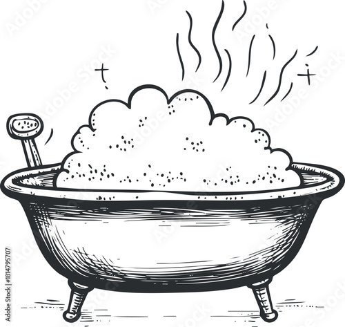 Hand-drawn vector illustration of a vintage bathtub filled with bubbles and steam, perfect for wellness and relaxation themes