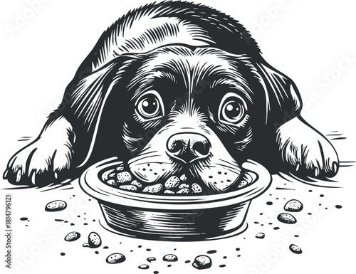 Vintage black and white vector illustration of a cute beagle dog lying down beside its food bowl, ideal for pet-related designs.