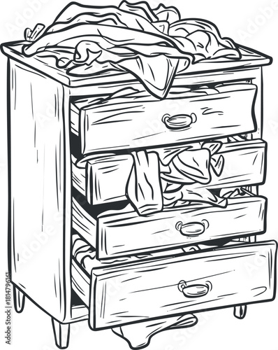 Hand-drawn sketch of a messy dresser overflowing with clothes, ideal for home organization and interior design projects
