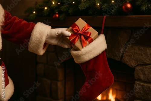 Santa placing a gift into a Christmas stocking hanging on the fireplace during Christmas Eve