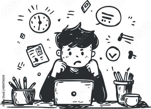 Hand-drawn vector illustration of a stressed young adult working on a laptop with various distractions in a modern workspace.