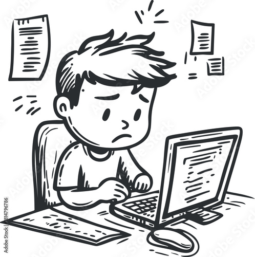 Hand-drawn vector illustration of a young boy feeling frustrated while working on a laptop at his desk