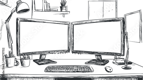 Hand-drawn vector illustration of a modern dual monitor workspace setup featuring a keyboard, lamp, and decorative plants for home office design.