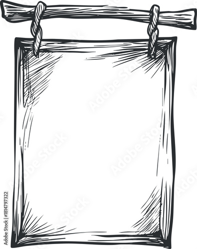 Hand-drawn vector illustration of a blank wooden signboard hanging from a rope, ideal for decorative or informational use