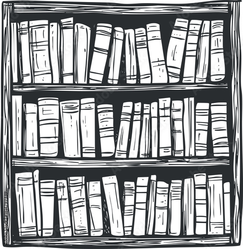 Hand-drawn black and white vector illustration of a bookshelf filled with various books, ideal for educational and literary themes