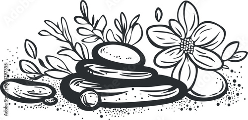 Elegant black and white vector illustration of stacked stones and flowers, ideal for wellness and spa branding.