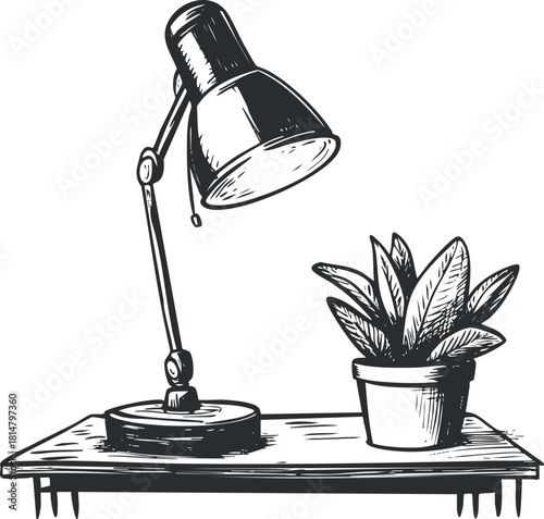 Hand-drawn black and white vector illustration of a desk lamp and potted plant, ideal for interior design projects