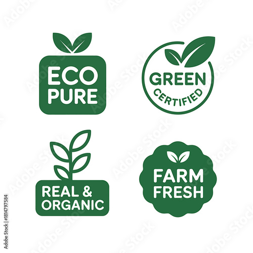 Eco pure green certified real organic farm fresh product labels set