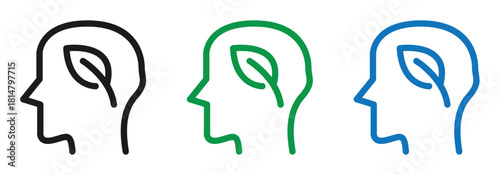 Sustainable thinking concept with human head and leaf icons in black, green, and blue for eco friendly solutions and environmental awareness
