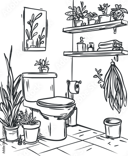 Stylish minimalist vector illustration of a cozy bathroom with plants, toilet, and shelves for home decor.