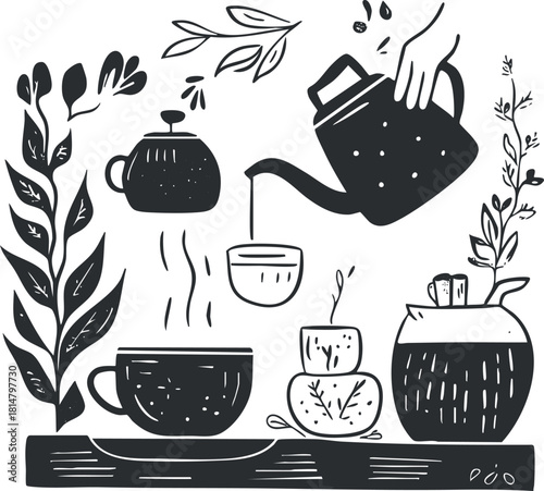 Charming black and white vector illustration depicting a tea and coffee brewing scene with plants and utensils for cozy home decor