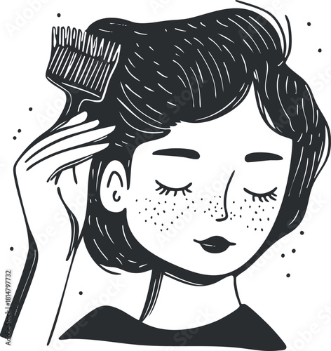 Stylish black and white vector illustration of a woman brushing her hair, perfect for beauty and wellness themes