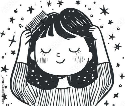 Cute black and white vector illustration of a girl happily combing her hair surrounded by stars, perfect for beauty and wellness themes