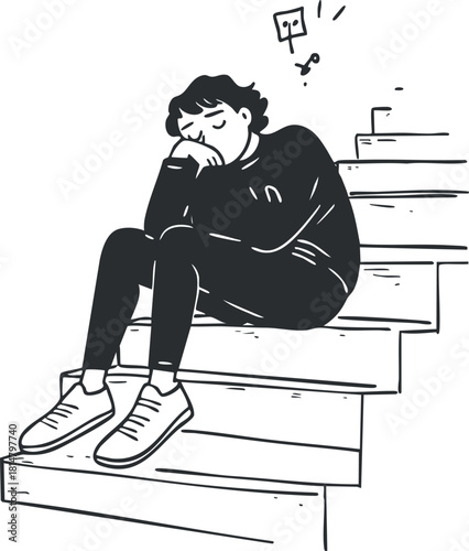 Outline vector illustration of a person sitting on stairs, expressing feelings of sadness and contemplation, ideal for mental health themes.
