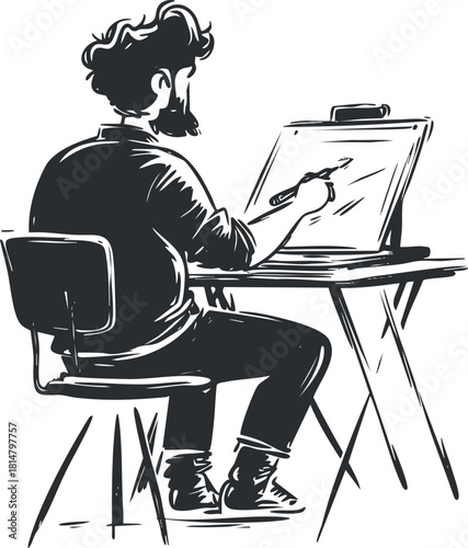 Artistic black and white vector illustration of a creative artist sketching at a workspace with a drawing tool