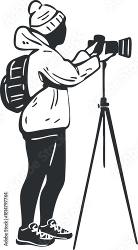 Silhouette vector illustration of a photographer with a camera on a tripod, perfect for travel and adventure themes