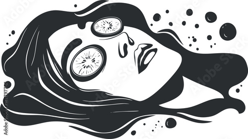 Minimalist black and white vector illustration of a woman relaxing with cucumber slices on her eyes for wellness and beauty themes