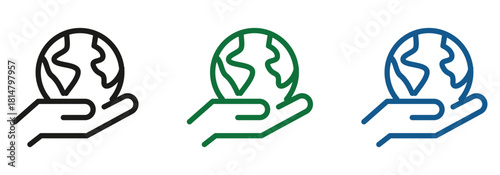 Hands holding the earth globe, save our planet, eco friendly, environmental protection, climate change, green energy solutions, line art