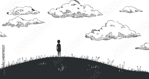 Minimalist black and white vector illustration of a silhouette standing on a hill under a cloudy sky, evoking solitude and reflection.