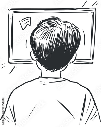 Black and white vector illustration of a boy interacting with a computer screen, ideal for educational and technology-related projects