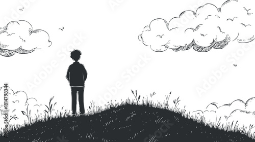 Minimalist black and white vector illustration of a boy standing on a hill, gazing at the clouds in the sky.
