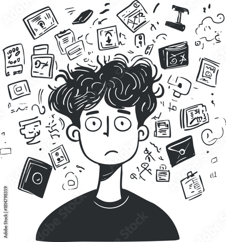 Whimsical black and white vector illustration depicting a person overwhelmed by thoughts and ideas, ideal for mental health and creativity themes