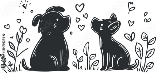 Whimsical black and white vector illustration of a dog and cat surrounded by hearts and foliage, perfect for pet-themed designs