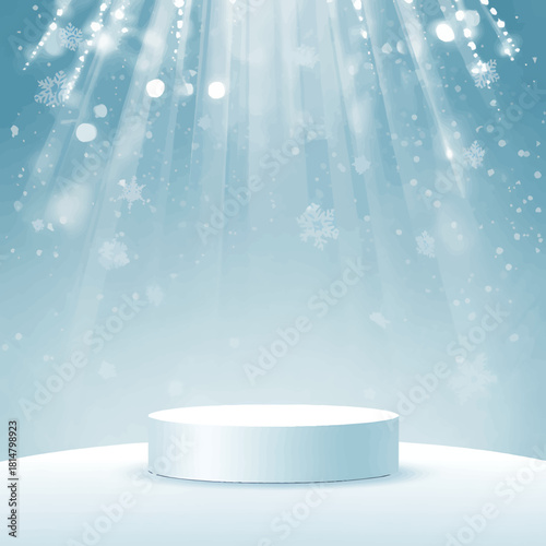 Winter product display stage with falling snow and bright lights