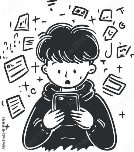 Playful black and white vector illustration of a boy using a smartphone surrounded by floating symbols and thoughts